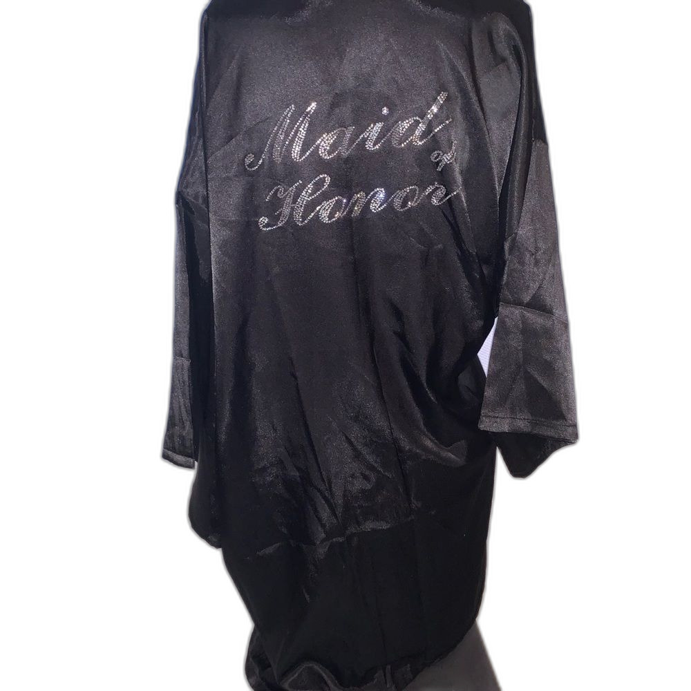 Maid of Honor Womens Black Wedding Wrap Tie Front Silk Robe Size XXL